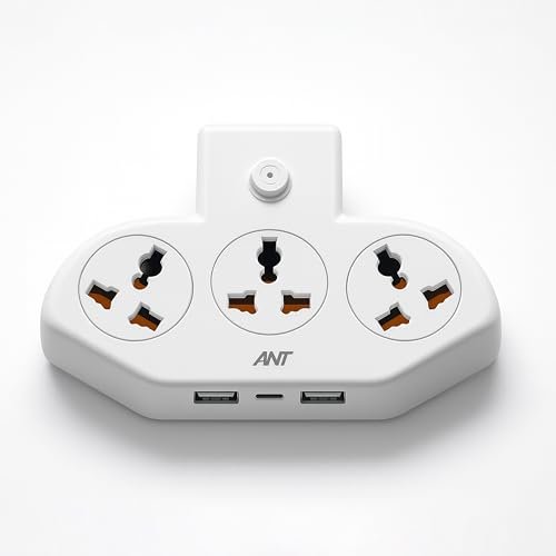 Ant Stinger 321 Multi Socket Power Strip | Extension Board| Surge Protector |3 AC Sockets + 2 USB (2.1A) + 1 Fast Type-C | 2500W / 10A |One Key Switch|Overload & Child Safety Protection – White