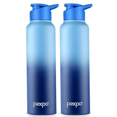 PEXPO Craft Pro 1000 ISI Certified Stainless Steel Sports/Fridge Water Bottle with Sipper Cap – 950ml (Pack of 2)| Single Wall | For Home,Office, Gym, Travelling | Lightweight – Blue&Denim Blue Ombre