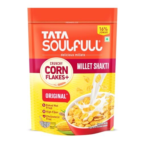 Tata Soulfull Corn Flakes+, Original*, Crunchy Corn & Millets, Baked Not Fried, Cholesterol Free, High Fiber, Wholesome Breakfast Cereal, Quick & Easy, 475g