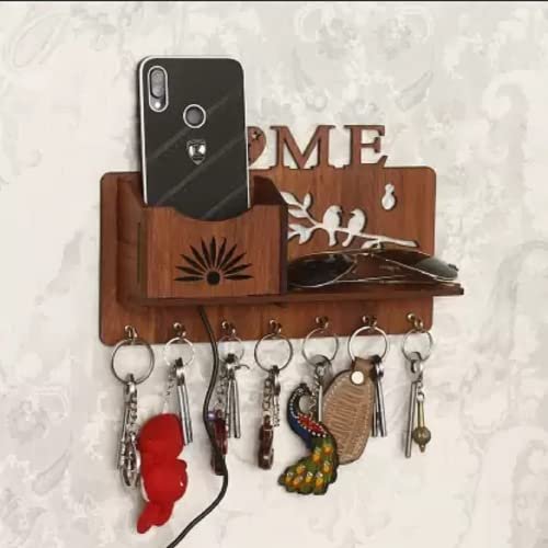 CAPIO ART Wooden Key Holders for Home Wall Stylish | Wooden Wall Mounted Decorative Key Chain Hanger with 7 Hooks & Self Storage for Home & Office | Multipurpose Organiser | Brown
