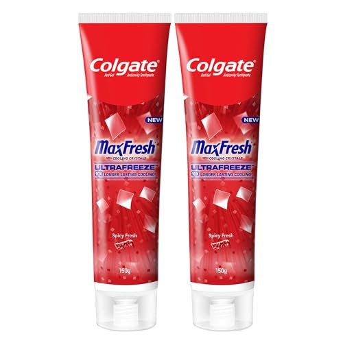 Colgate Max Fresh Toothpaste, Red Gel Paste with Menthol For Tooth Decay Prevention, Cavity Protection, Gum Protection, Whitening, Eliminates Bad Breath (300g, 150g X 2, Spicy Fresh, Saver Pack)
