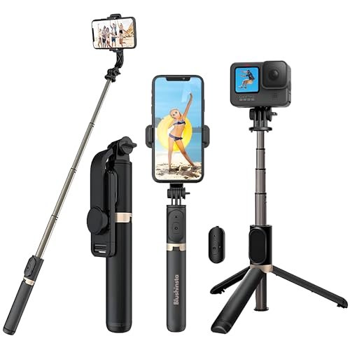 Blushinsta Portable Selfie Stick,Handy Tripod with Detachable Wireless Remote&Mini Tripod Stand for iPhone 13 12 11 Pro Xs Max Xr X 8 7 6 Plus,Smartphone (Without Light)(Black) Pack of 1