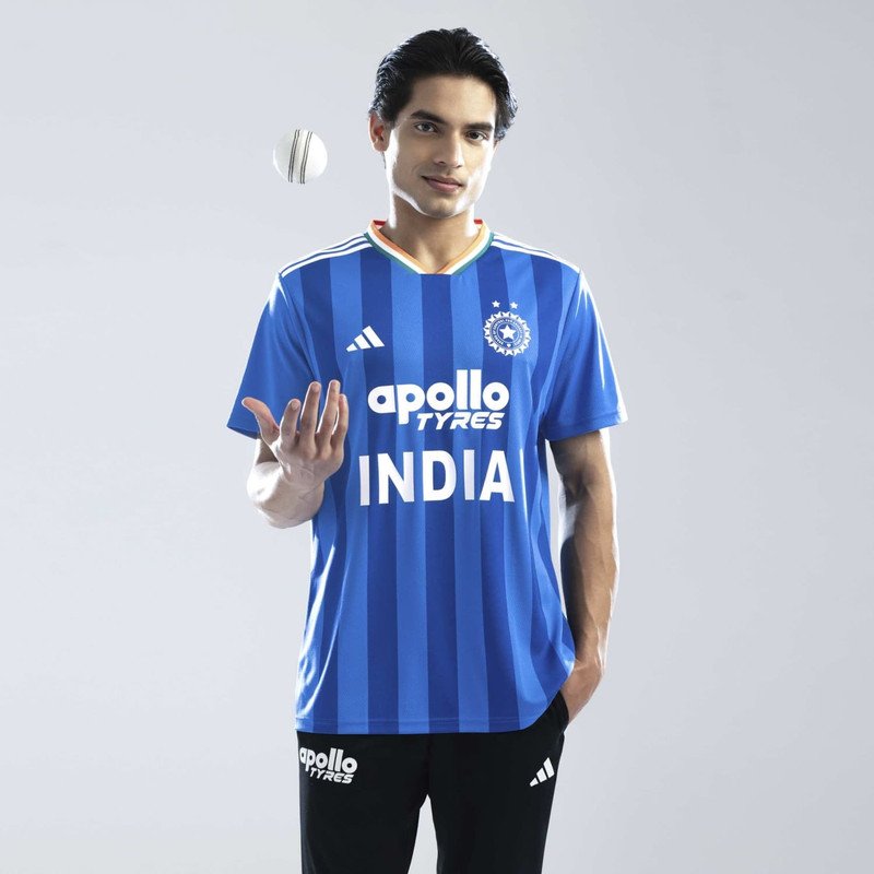 ADIDAS Striped Men V Neck Blue T-Shirt