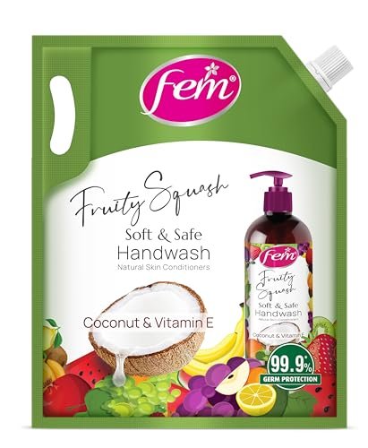 Fem Fruity Squash Soft & Safe Handwash – 1500ml | Enriched with Goodness of Coconut Milk & Vitamin E | Long Lasting Fragrance