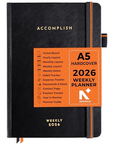 NEORAH — A5 Dated WEEKLY Planner 2026 ACCOMPLISH—264 Pages of Yearly |12 Month | 52 Week+24 Hours + Notes pages for each week—Office Diary Academic diary – Hardcover [Pen Loop Attachable] (BLACK ONYX)