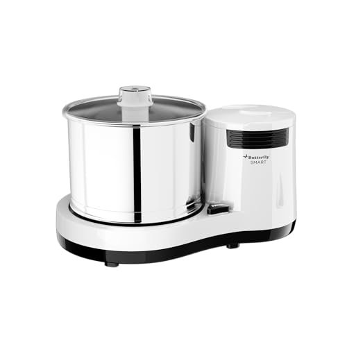 Butterfly Smart 2 Litres Table-Top Wet Grinder|150 Watts|Shockproof ABS Body| Coconut Scrapper Attachment|2 stones with 4-Way Grinding| Stainless Steel Drum | 2 Years Manufacturer’s Warranty | White