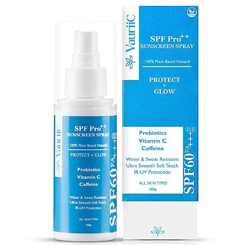 VauriiC Sunscreen SPF-60 Spray PA++++ For UVA/B & Blue Light Protection | No White Cast | Hyaluronic Cooling Sunscreen | Broad Spectrum | Ultra light & Non sticky with Probiotics & Vitamin C | Sweat & Water Resistant | Women & Men | All Skin Types | 100ml