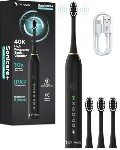 DR VAKU® Sonicare+ Electric Toothbrush for Men Woman Adults sonic with 6 Modes, 4 Brush Heads, 60-Day Battery Backup, Rechargeable & IPX7 Waterproof Automatic Power Best Electrical Tooth Brush- Black