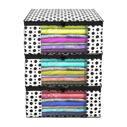 Kuber Industries Clothes Organizer For Wardrobe (Pack of 3) – Storage Organizer For Saree | Shirts | Lehenga – Dress Organizer For Wardrobe – Saree Covers With Zip (Polka Dots) (Black and White)