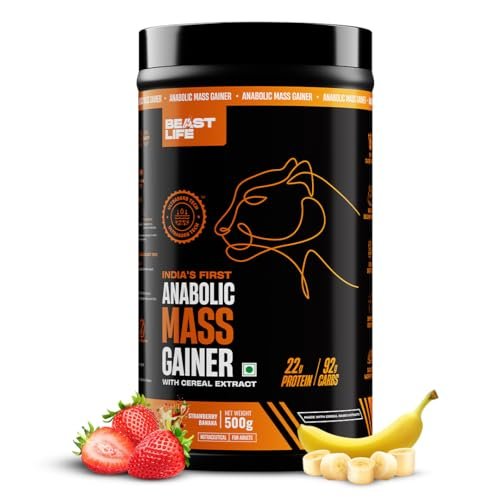 Beast Life High Protein Mass/Weight Gainer | 500 Gram | Strawberry Banana | NABL LAB Tested | For Muscle Gain & Fast Growth | Cereal-Based Formula, No Maltodextrin | India’s #1 Cereal Based Bulk Gainer