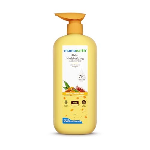 Mamaearth Ubtan Moisturizing Body Lotion with Turmeric & Saffron for Glowing Skin | 48 Hrs Moisturization | Nourishes Dry Skin | 7 in1 Total Care | 100% Natural Butter | Non-Greasy Smooth Skin | 400 ml