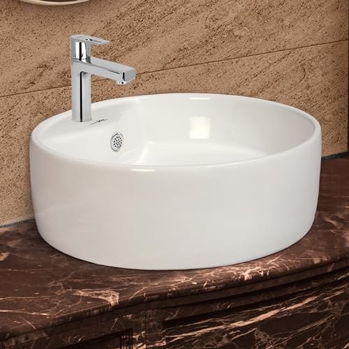 Hindware Italian Collection Solitaire Table Top Wash Basin for Bathroom | Made of Ceramic | Star White | Round Shape | Over the Counter Basin