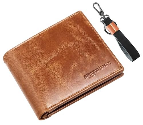 amazon basics Genuine Leather Wallet, Keyring & in Gift Box Packaging- Classic Men’s Gifting Combo (Tan Brown)