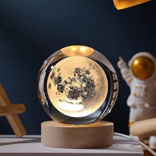 3D Crystal Ball Night Lamp,Creative Engraved Crystal Ball Night Light, USB Table LED Wooden Crystal Ball for Home Office Decoration Birthday Gift Adults (6 Cm) (Warm White) (Moon)