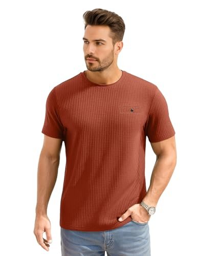 AWG ALL WEATHER GEAR Men Waffle Knit Regular Fit Solid Crew Neck T-Shirt | Tees for Man | Textured Half Sleeve Stylish T-Shirt’s | Rust, Large