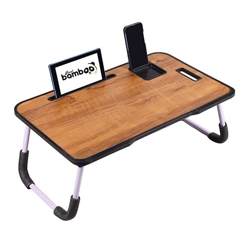 Real Bamboo Wood Smart Multipurpose Foldable Laptop Table with Cup Holder, Study Table, Bed Table, Breakfast Table, Portable,Ergonomic & Rounded Edges/Non-Slip Legs~~ (Wood~~)