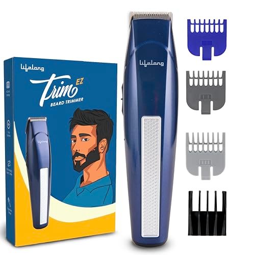Lifelong Trim EZ Rechargeable Beard Trimmer for Men | SkinProtect Blades, Cordless Groomer with 4 Attachments, Brush & Oil Bottle, 500mAh Lithium Battery, USB Type-C Charging, 60 Min Runtime (Blue)