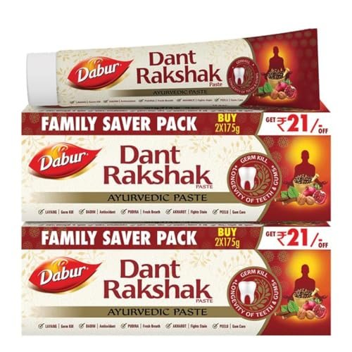 Dabur Dant Rakshak Ayurvedic Toothpaste – 700g (175g x 4) | With Goodness Of 32 Ayurvedic Herbs | Prevents & Calms Gum Pain | Kills Germs | Complete Family Toothpaste | No Added Fluorides & Parabens