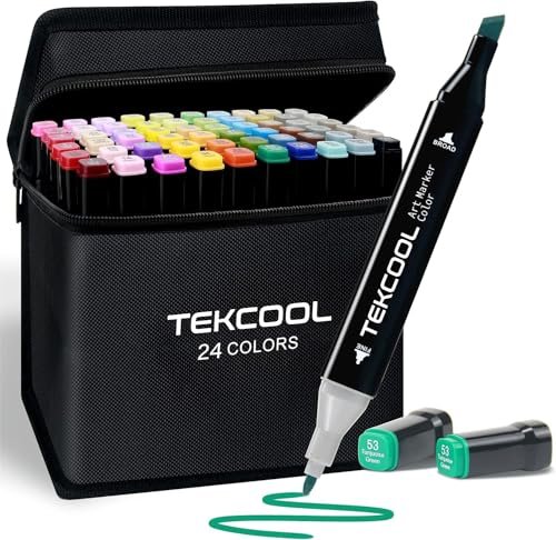 TEKCOOL Dual Tip Colorful Art Markers Sketch Pens 24 Colors With Carrying Case For Painting Sketching Calligraphy Drawing -Twin Head Permanent Colouring Marker Pens For Kids Adult, Multicolor (24)