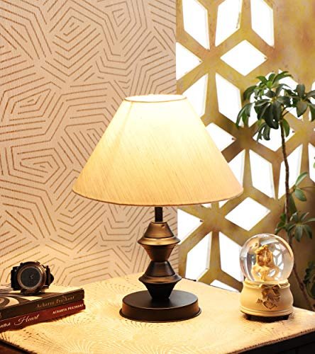 Tu casa Metal Table Lamp Off White Shade for Living Room Bedroom Bedside Corner Home Décor Housewarming Festive Gifts | Study Dining Table Top Yellow Ambient Metal Base