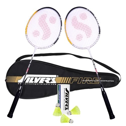 Silver’s Aluminium Fire Badminton Kit (2 Racquets with Full Cover, 1 Box Shuttlecock Pack of 3) Black, Aluminium, FIRE Combo 2 with Nylon Shuttle, Black/White