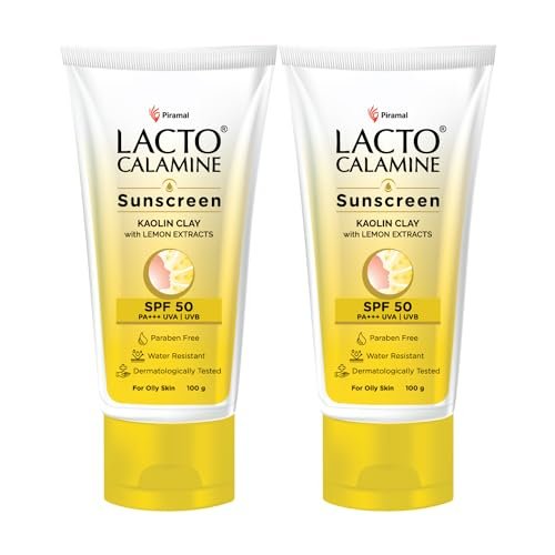 Lacto Calamine Sunscreen SPF 50 | 100g x Pack of 2 | PA +++ Sunscreen For Oily Skin | UVA – UVB | Water Resistant & No White Cast | With Kaolin Clay, Vitamin E & Lemon Extracts | Paraben Free