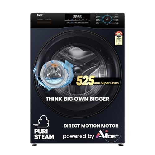 Haier 9 Kg 5 Star Powered by AI-DBT with Direct Drive Technology, PuriSteam, 525mm Super Drum Fully Automatic Front Load Washing Machine (EFL90-DM14IBIEBK,In-Built Heater,Steel Drum,Black)
