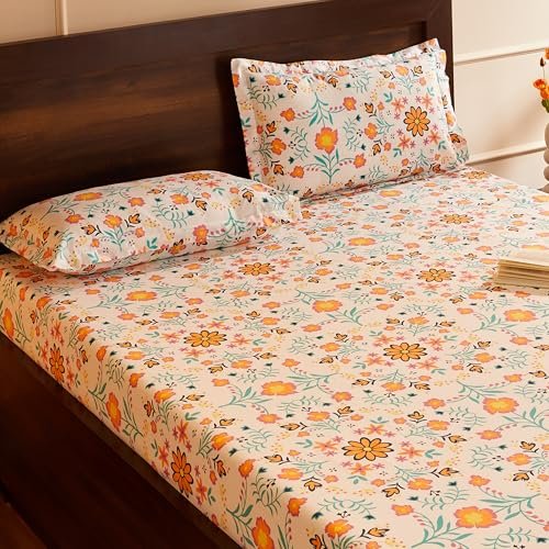 Amazon Brand – Solimo Floral Haven 144 TC 100% Cotton Double Bedsheet with 2 Pillow Covers, Orange