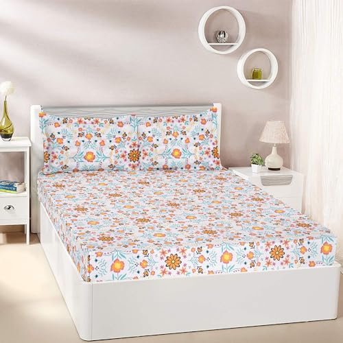 Amazon Brand – Solimo Floral Haven 144 TC 100% Cotton King Size Bedsheet with 2 Pillow Covers, Orange