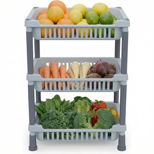 E-COSMOS® 3-Layer Kitchen Storage Rack, Multipurpose Vegetable and Fruit Stand, Durable Carbon Steel Organizer for Pantry and Countertop, (Grey)