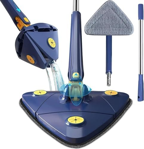 Triangle Floor Cleaning Mop with 360° Rotatable Head, Push-Pull Squeeze Drying System and Microfiber Pads