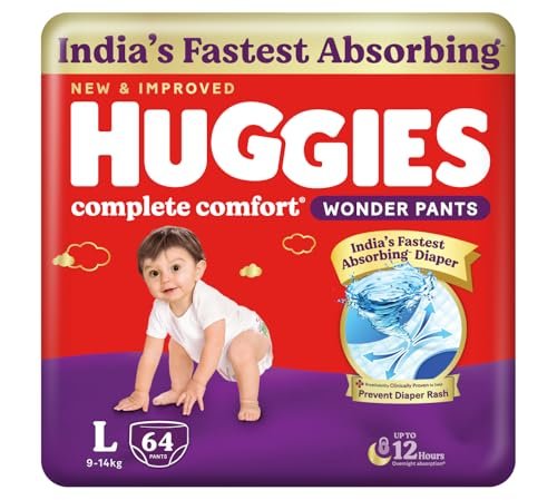 Huggies Complete Comfort Wonder Pants | Pant Style Baby Diapers Large Size (L), 64 Count | India’s Fastest Absorbing Diaper, Prevents Diaper Rash, Ideal for 9 to 14 Kgs