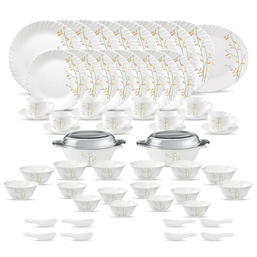 La Opala Diva Classique Collection Opal Glass Crockery | for Family of 8 | Dinner Set 61 pcs Citron Weave | Plates & Bowls for Dining | Microwave Safe | 100% Vegetarian | Extra Strong | White