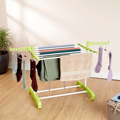 Amazon Brand – Solimo Premium Mild Steel Double Support Cloth Drying Rack | Foldable and Movable | Lightweight | White & Green