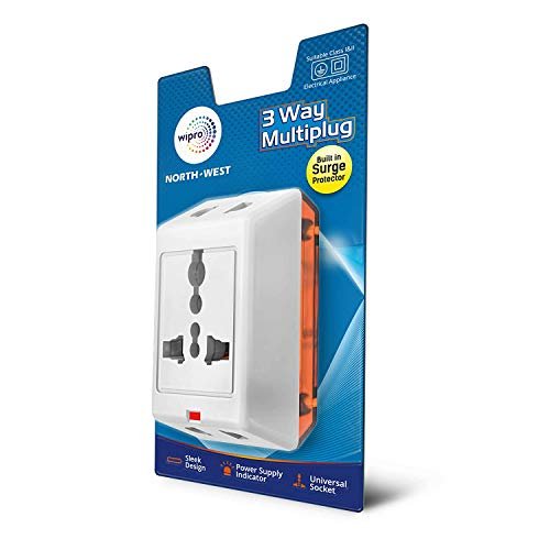 Wipro 3 Way Multiplug Adaptor with 1 Universal Sockets |Inbuilt Surge Protection & Power supply Indicator | Compact & Light weight | 6Amp Multiplug socket for Home, Office | Pack of 1 (White)