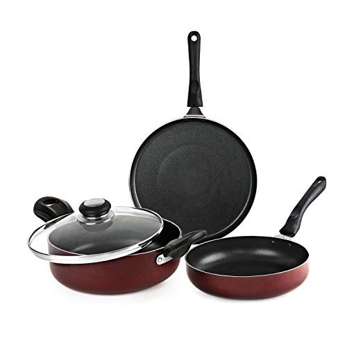 Cello Prima 3 pcs Non-Stick Aluminium Cookware Set, Cherry Red (28 cm Dosa Tawa, 22 cm Kadai with Glass Lid, 22 cm Fry Pan) | Induction Base, PFOA-Free, Sturdy Handles, Ideal for Gifting