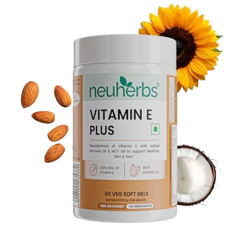 Neuherbs Vitamin E Plus Capsules for Face and Hair | Vit E Supplement with Almond Oil & MCT Oil for Glowing Skin & Hair Growth – 60 Softgels