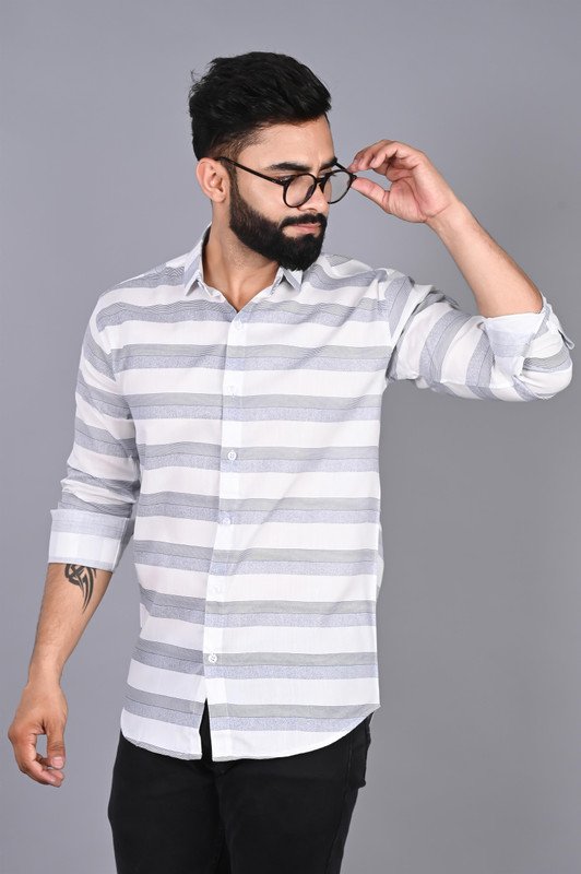 FUBAR Men Striped Casual White Shirt