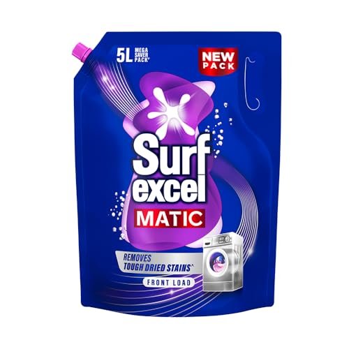 Surf Excel Matic Front Load Liquid Detergent 5L Refill Pouch, Specially designed to remove Tough Dried Stains, 1st time in Washing Machine