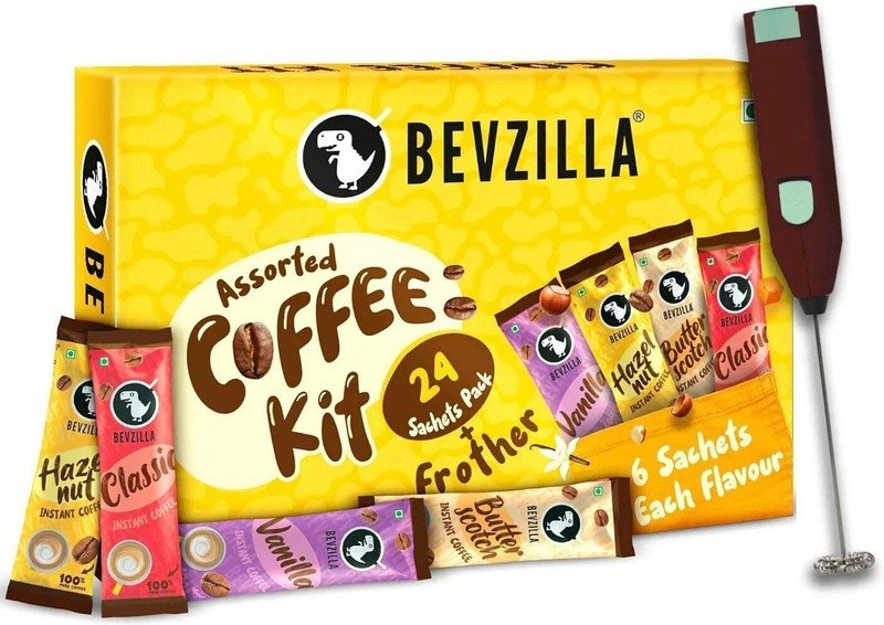 Bevzilla Instant Coffee Gift Box of 24 Assorted Coffee Sachets & Frother Instant Coffee(24 x 2 g, Vanilla, Hazelnut, Unflavoured, Butterscotch Flavoured)
