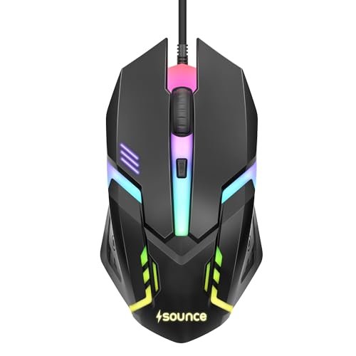 Sounce Nitro Wired USB Mouse with 1600 DPI Precision Optical Sensor 4-Level Adjustable DPI Settings, Vibrant RGB Lighting, Smooth Tracking, Comfortable Grip and Plug-and-Play HD Laptop Pro Use (Black)