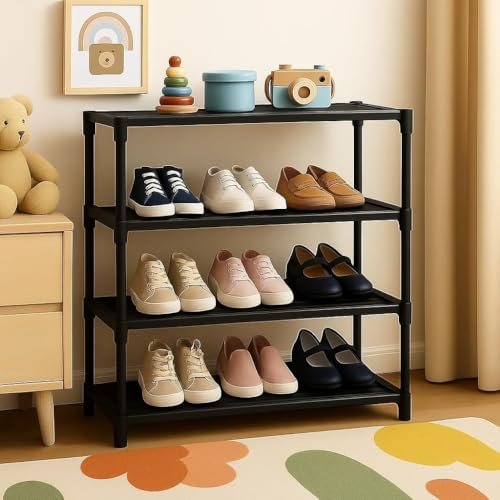 Owme 4 Tier Shoe Rack with Shelf, Folding Shoe Rack for Bedroom, Living Room,Entryway,Footwear Stand for Home, Organizer, One Size,ShoeRack Plastic 4 Shelf – Dark Black