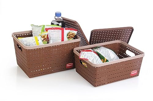 Nayasa Gloria Basket for Storage | Vegetable & Fruit Basket | Storage Box and Organiser Plastic Basket With Lid | Multipurpose Kitchen Organizer Rack | Big & Medium – Set of 2 | Brown