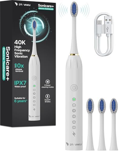 DR VAKU® Sonicare+ Electric Toothbrush for Men Woman Adults sonic with 6 Modes, 4 Brush Heads, 60-Day Battery Backup, Rechargeable & IPX7 Waterproof Automatic Power Best Electrical Tooth Brush- White