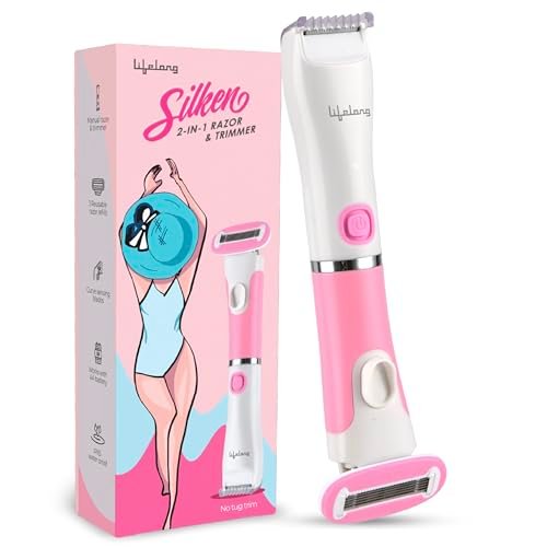 Lifelong Silken 2-in-1 Women’s Bikini & Body Trimmer & Razor – Waterproof IPX5 Electric Trimmer & Manual Razor for Face, Legs & Underarms with Curve-Sensing Blades, 3 Razor Refills, AA Battery Powered