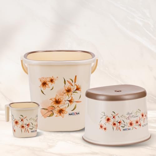 Nayasa Plastic Sqr DLX 3 Pcs Bathroom Set | Bucket 18 L + Mug 1.5 L + 508 DLX Stool | Bathroom Set | Bath Set for Bathroom | Off – White