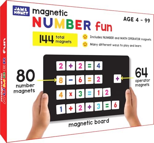 Amazon Brand – Jam & Honey Magnetic Math Game – with 80 Magnets | 64 Operator Magnets | Magnetic Board and Equation Book | Learn Numbers, for Counting and Simple Math for Kids | 4+ Years | Multicolor