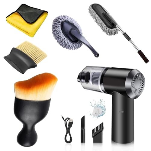 CONJEX 6 PCS Car Cleaning Kit with 3-in-1 Mini Vacuum Cleaner, Microfiber Cloth,Big Duster,Small Duster,Anti-Fog Clean,Wheel Brush&AC Vent Brush&Interior Dust Brush for velar,Truck,Bike Cleaning Tools