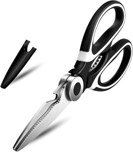 Kitchen Scissors with Serrated Blade and Nut Cracker, Multi-Function Food Scissors with Bottle Opener