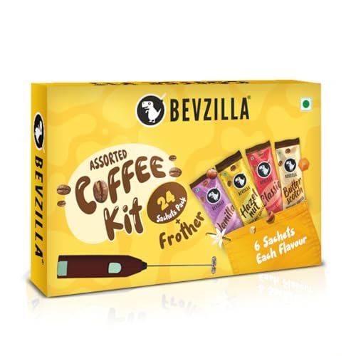 Bevzilla 24 Coffee Sachets & Frother | 24 X 2 Gram Sachets | 6 Pouches Each Flavour | Café Coffee Kit | Classic, Hazelnut, Vanilla & Butterscotch | Arabica Beans | Enjoy Hot & Cold